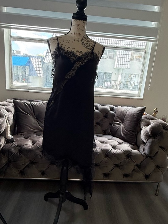 Other - Elegant Black Satin & Eyelash Lace Slip Dress